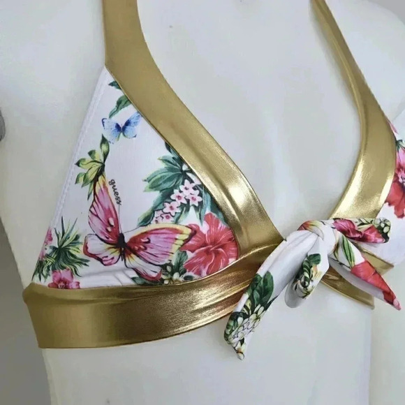 Vintage Y2K Guess Halter Bikini Top  Gold White Pink Floral Size Small - Picture 3 of 7